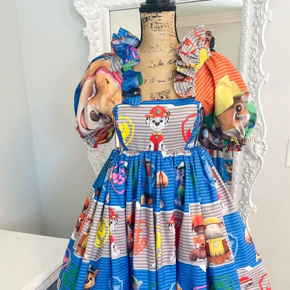 New York Couture *One of a Kind* Paw Patrol Ruffle Collar Puff Sleeve Dress - Picture 2 of 3